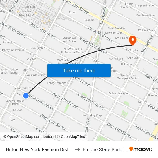 Hilton New York Fashion District to Empire State Building map