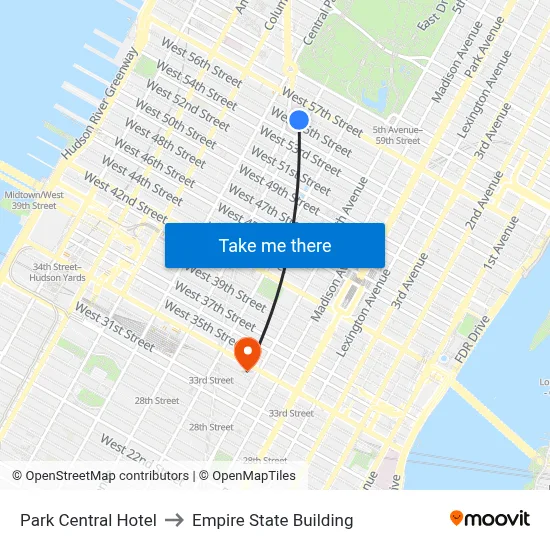 Park Central Hotel to Empire State Building map