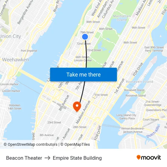 Beacon Theater to Empire State Building map
