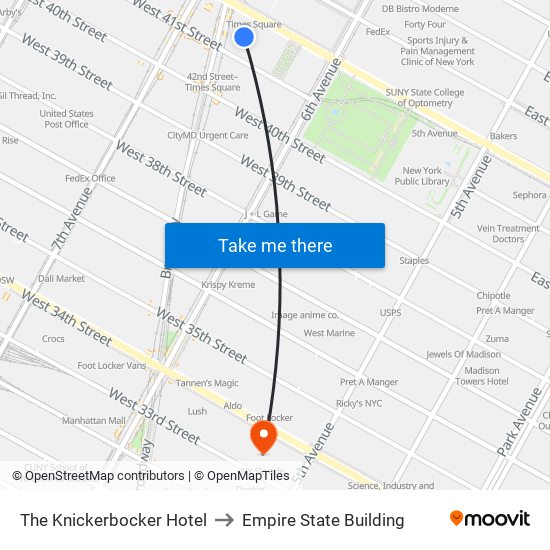 The Knickerbocker Hotel to Empire State Building map