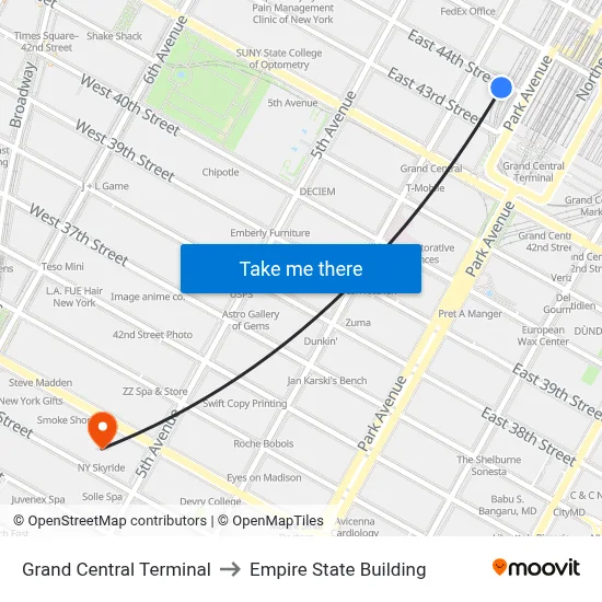 Grand Central Terminal to Empire State Building map