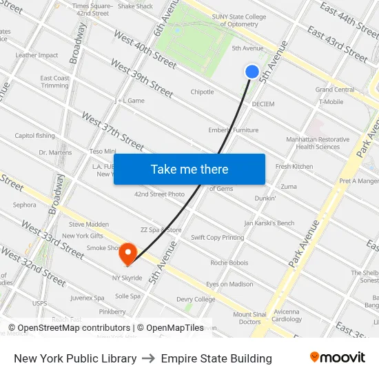 New York Public Library to Empire State Building map