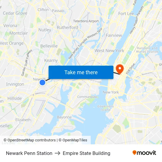 Newark Penn Station to Empire State Building map