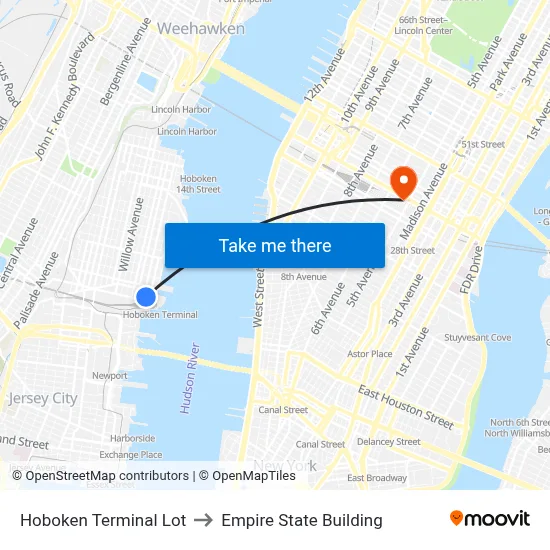Hoboken Terminal Lot to Empire State Building map
