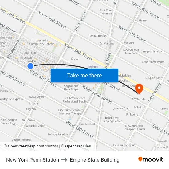 New York Penn Station to Empire State Building map