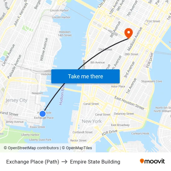 Exchange Place (Path) to Empire State Building map