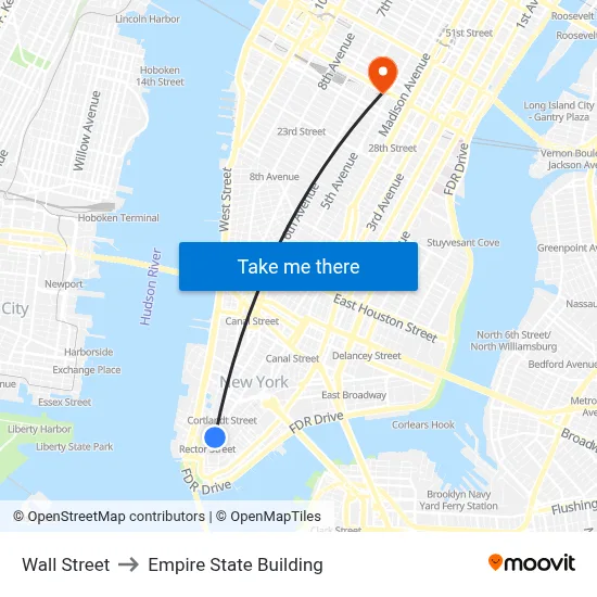 Wall Street to Empire State Building map