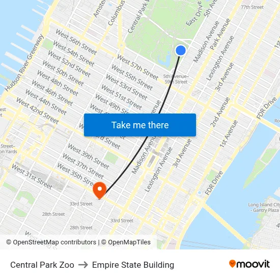 Central Park Zoo to Empire State Building map