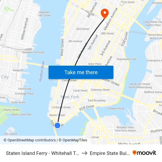 Staten Island Ferry - Whitehall Terminal to Empire State Building map