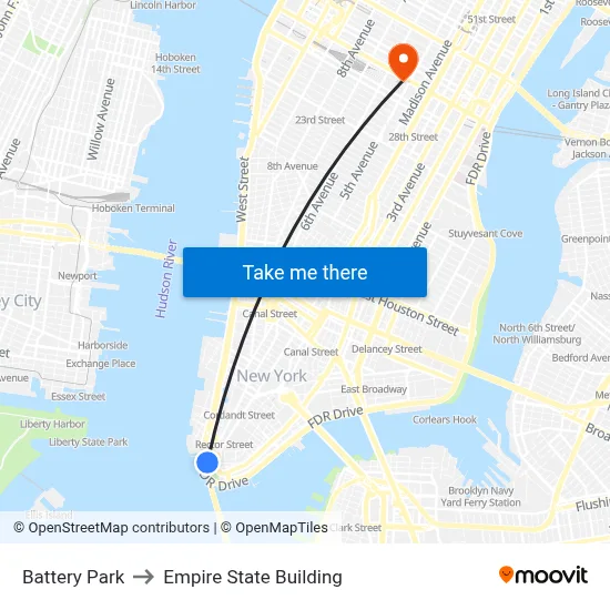 Battery Park to Empire State Building map