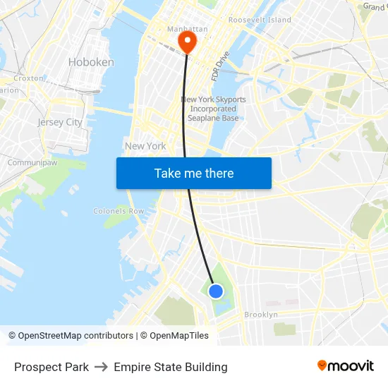 Prospect Park to Empire State Building map