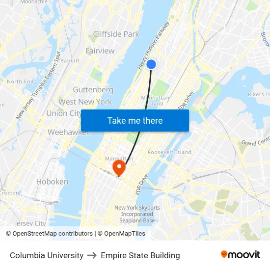 Columbia University to Empire State Building map