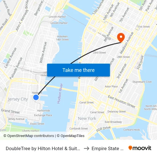 DoubleTree by Hilton Hotel & Suites Jersey City to Empire State Building map