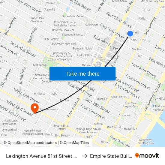 Lexington Avenue 51st Street Station to Empire State Building map