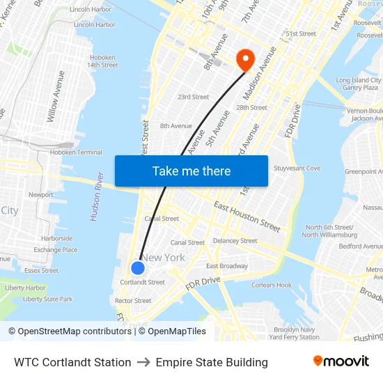 WTC Cortlandt Station to Empire State Building map