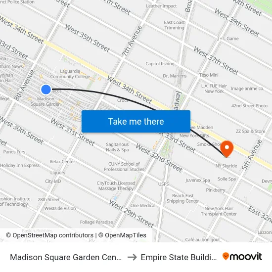 Madison Square Garden Center to Empire State Building map
