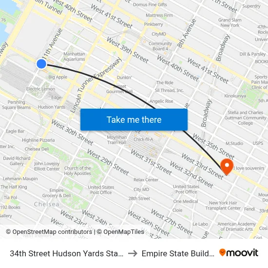 34th Street Hudson Yards Station to Empire State Building map