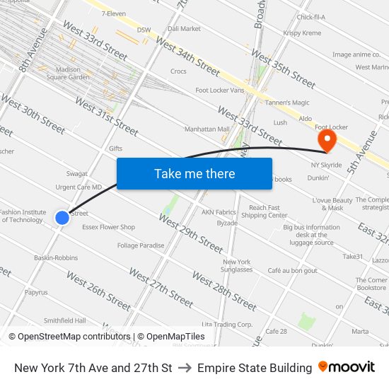New York 7th Ave and 27th St to Empire State Building map