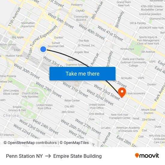 Penn Station NY to Empire State Building map
