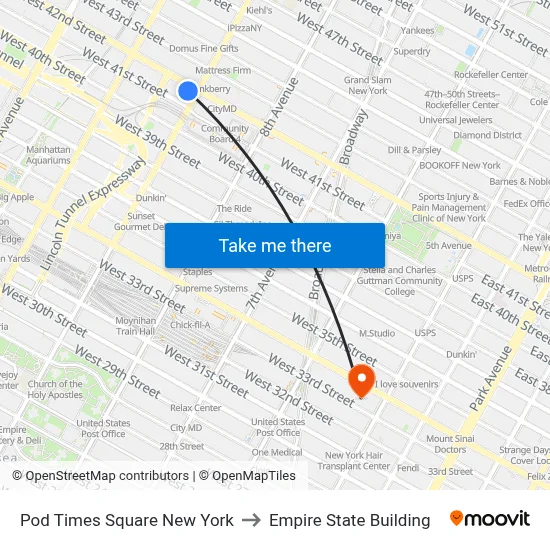 Pod Times Square New York to Empire State Building map