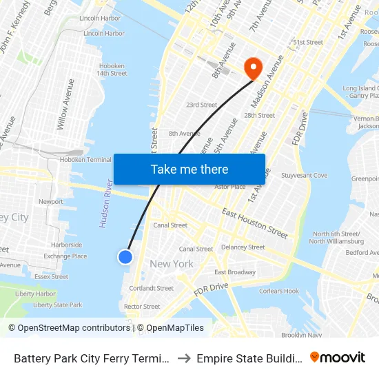 Battery Park City Ferry Terminal to Empire State Building map