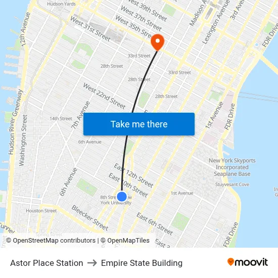 Astor Place Station to Empire State Building map