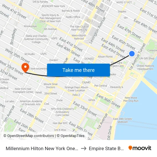 Millennium Hilton New York One UN Plaza to Empire State Building map