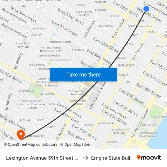 Lexington Avenue 59th Street Station to Empire State Building map