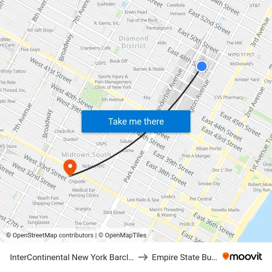 InterContinental New York Barclay Hotel to Empire State Building map