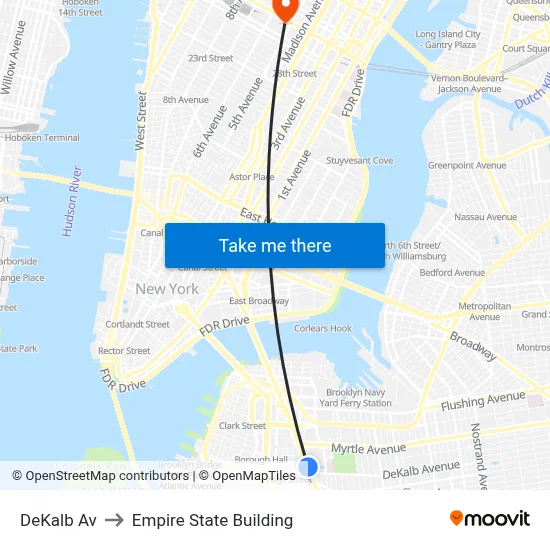 DeKalb Av to Empire State Building map