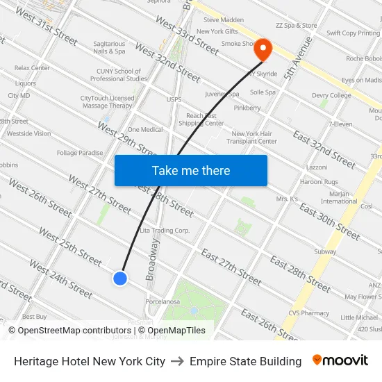 Heritage Hotel New York City to Empire State Building map