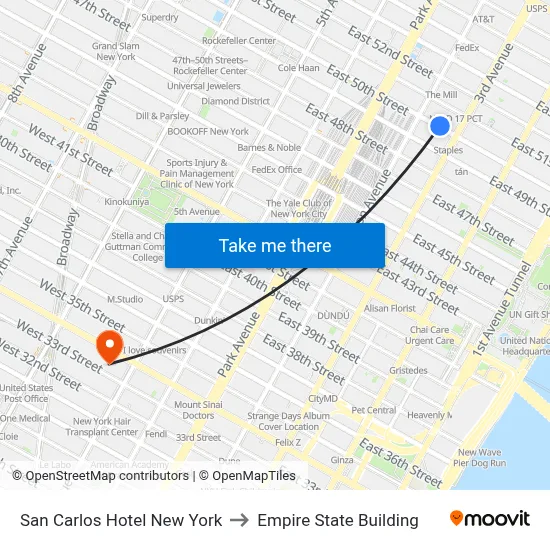 San Carlos Hotel New York to Empire State Building map