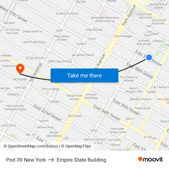 Pod 39 New York to Empire State Building map