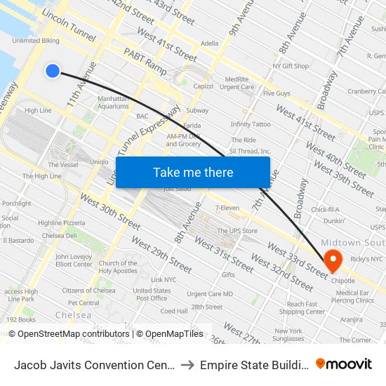 Jacob Javits Convention Center to Empire State Building map