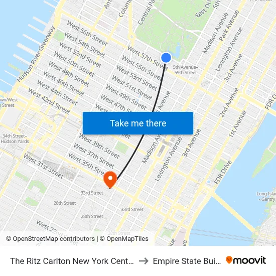 The Ritz Carlton New York Central Park to Empire State Building map