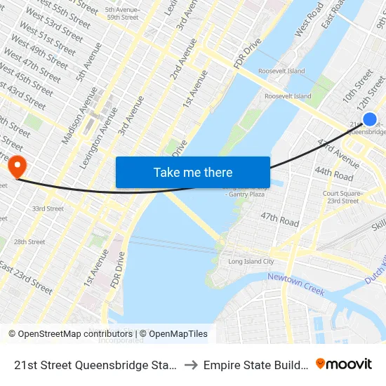 21st Street Queensbridge Station to Empire State Building map