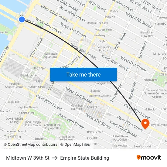 Midtown W 39th St to Empire State Building map