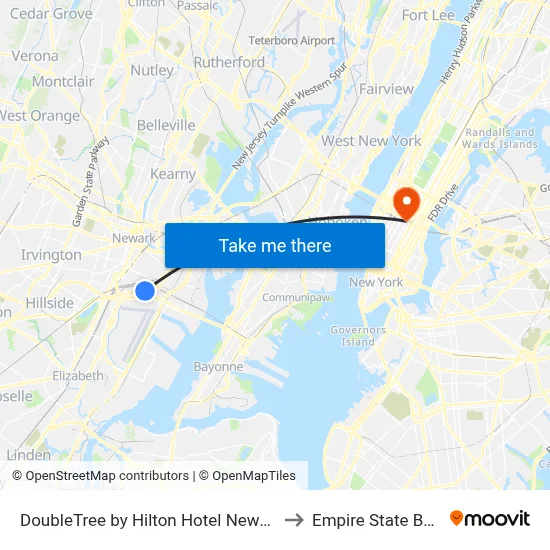 DoubleTree by Hilton Hotel Newark Airport to Empire State Building map