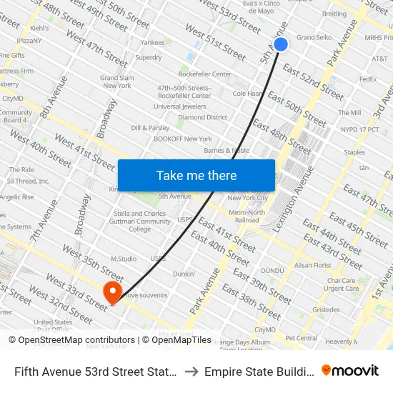 Fifth Avenue 53rd Street Station to Empire State Building map