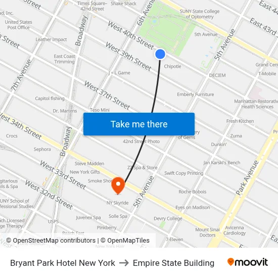 Bryant Park Hotel New York to Empire State Building map