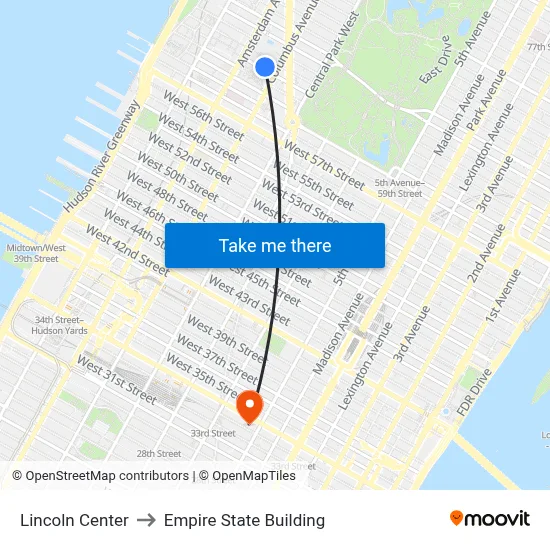 Lincoln Center to Empire State Building map