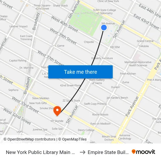 New York Public Library Main Branch to Empire State Building map