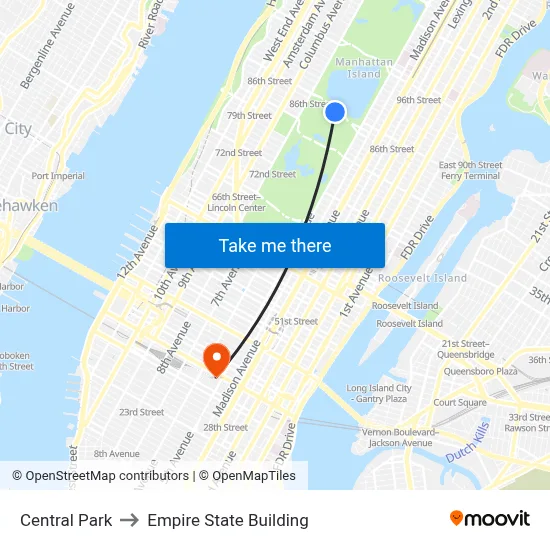 Central Park to Empire State Building map