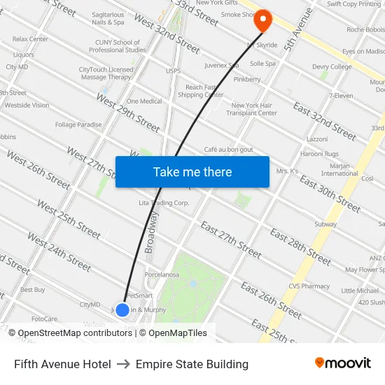 Fifth Avenue Hotel to Empire State Building map