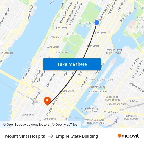 Mount Sinai Hospital to Empire State Building map
