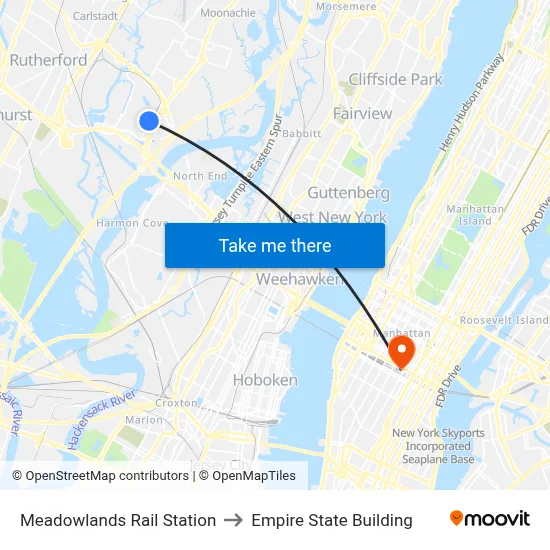 Meadowlands Rail Station to Empire State Building map
