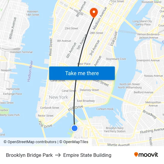 Brooklyn Bridge Park to Empire State Building map