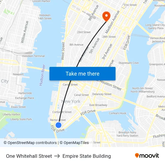 One Whitehall Street to Empire State Building map