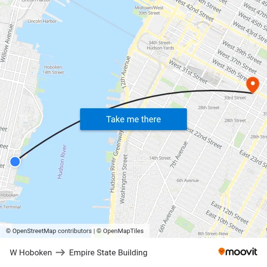 W Hoboken to Empire State Building map