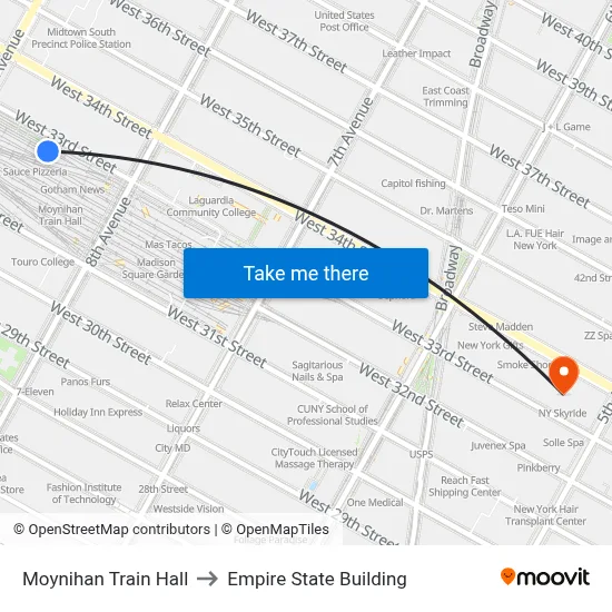 Moynihan Train Hall to Empire State Building map